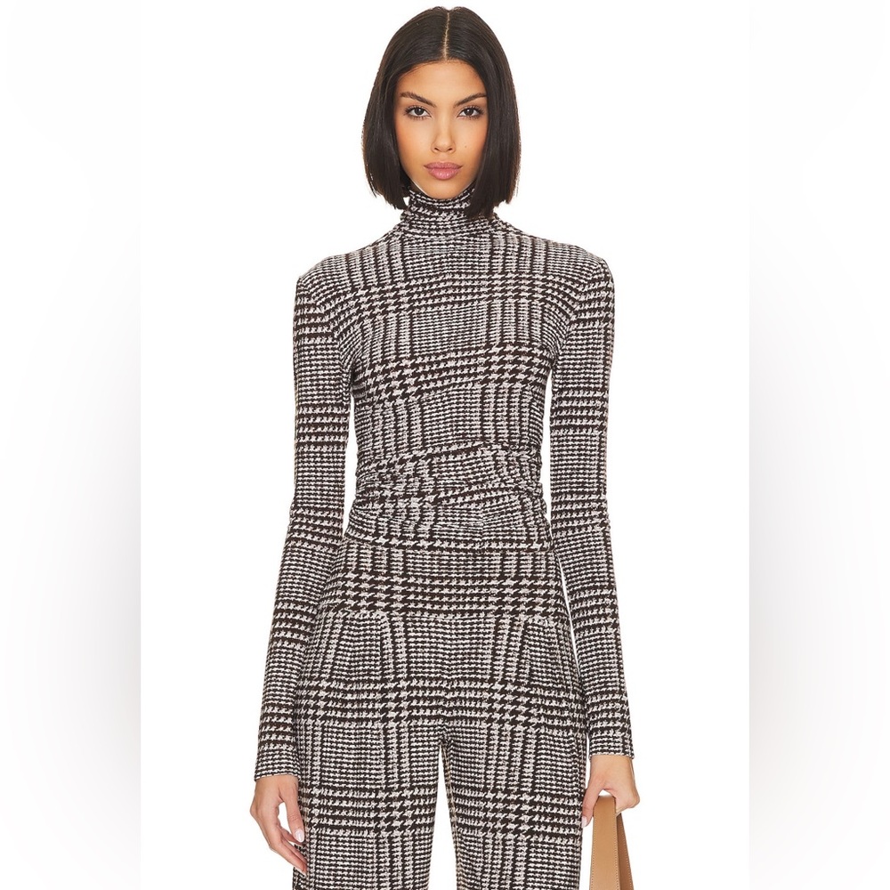 Norma Kamali Front Zip Slim Fit Turtle Neck Top in Chocolate Glenn Plaid Tweed